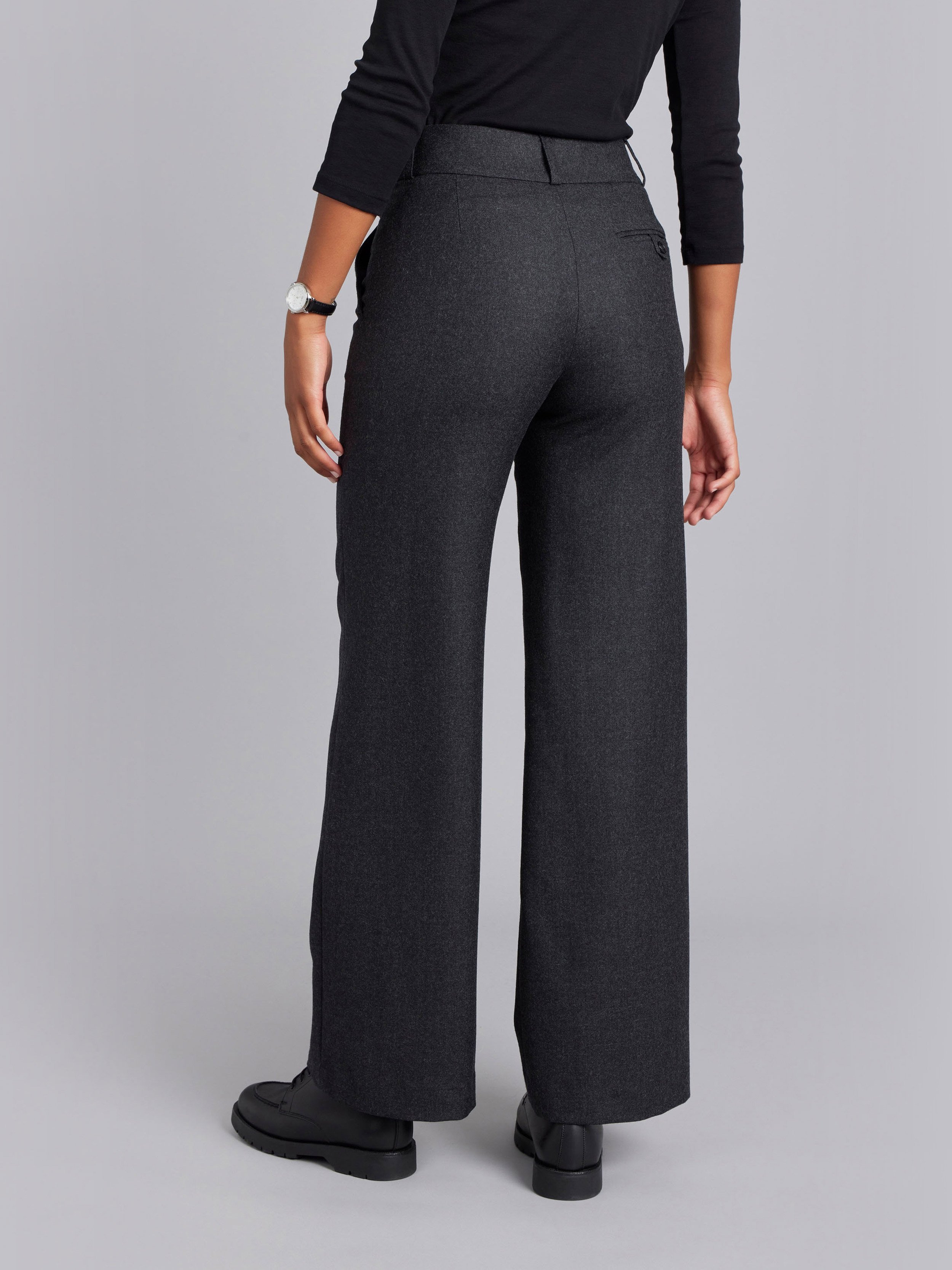 dark grey wool high-waisted wide-leg pants