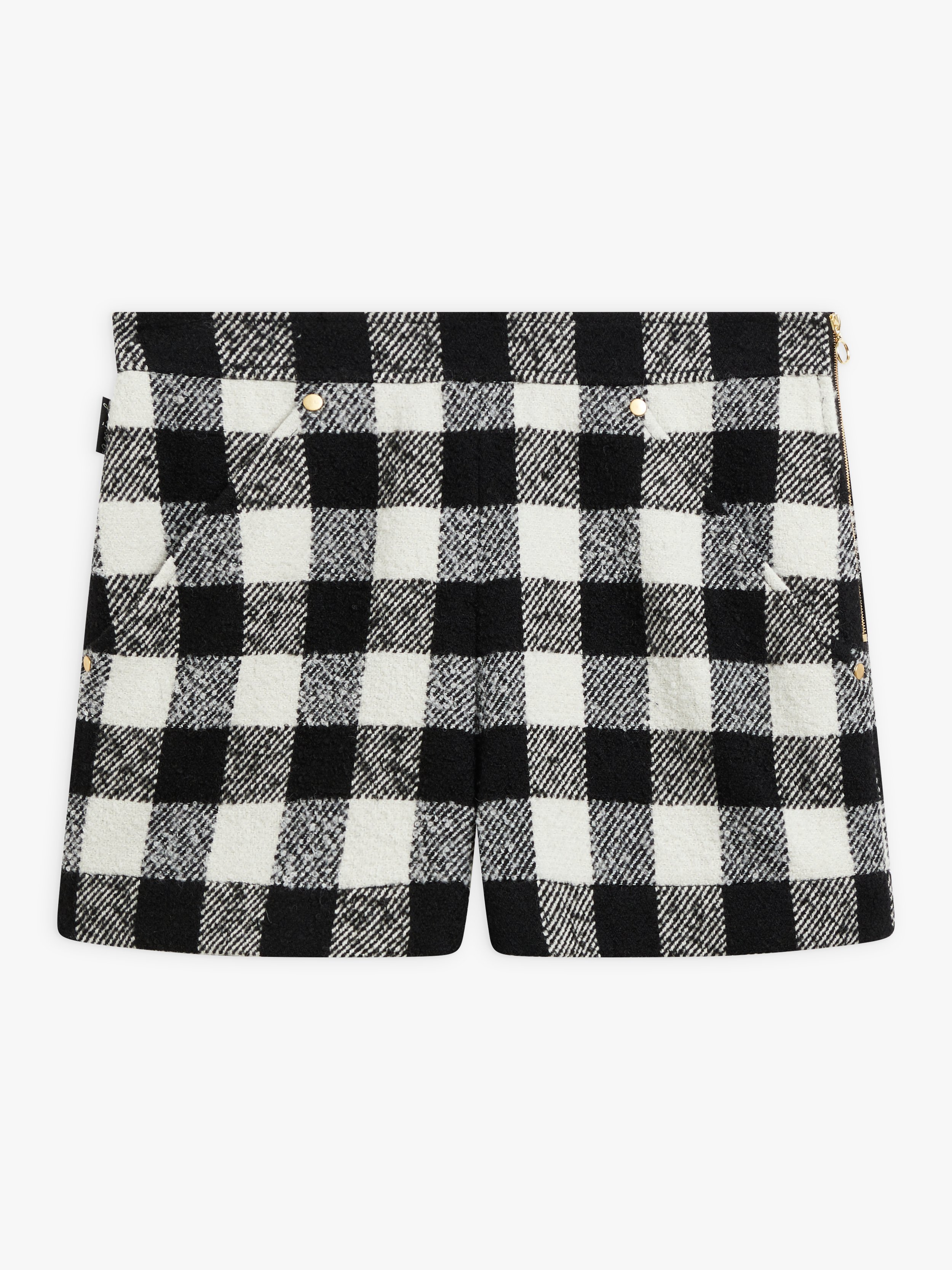 black and white plaid wool shorts
