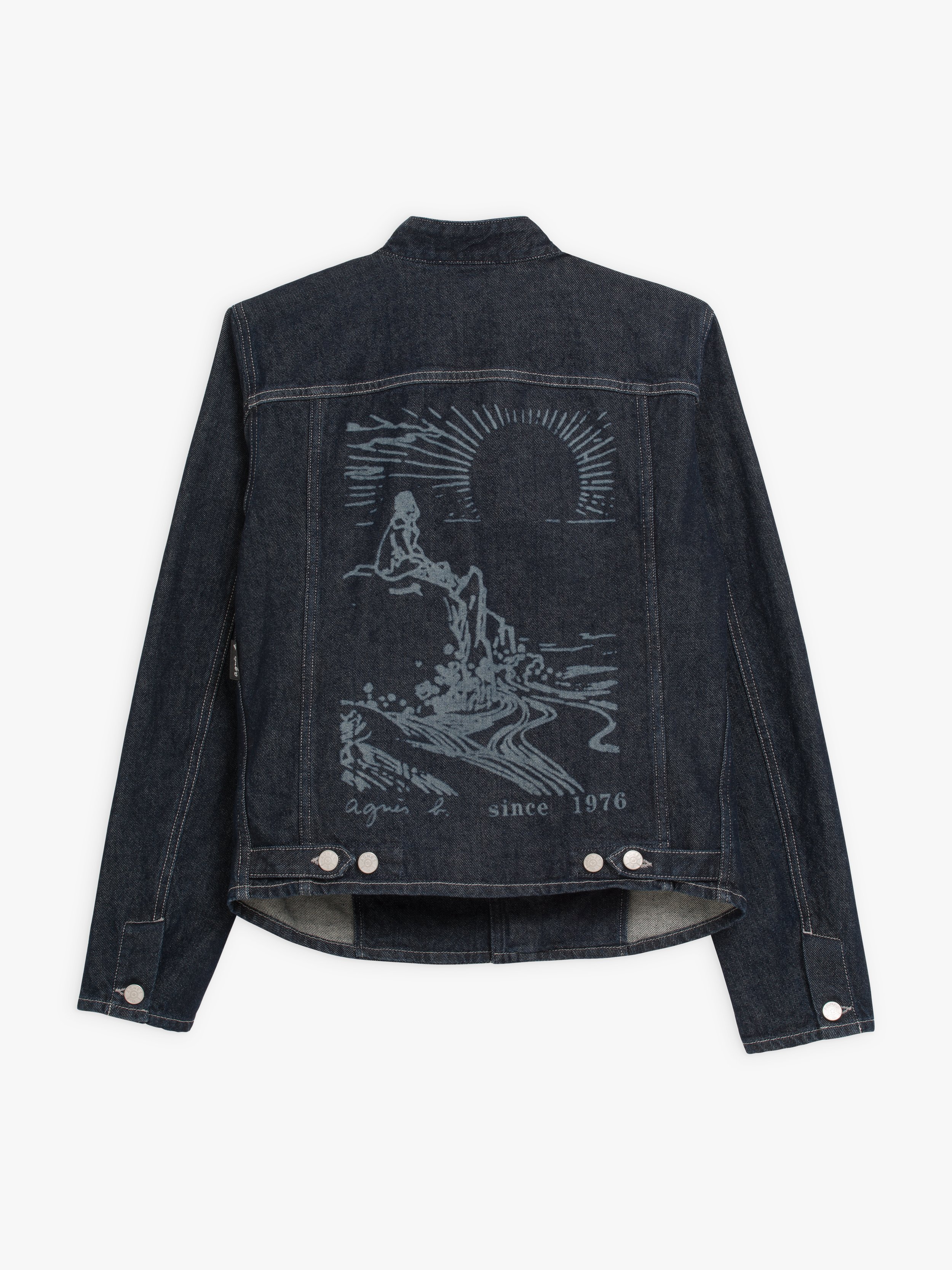 blue denim jacket with drawing at back