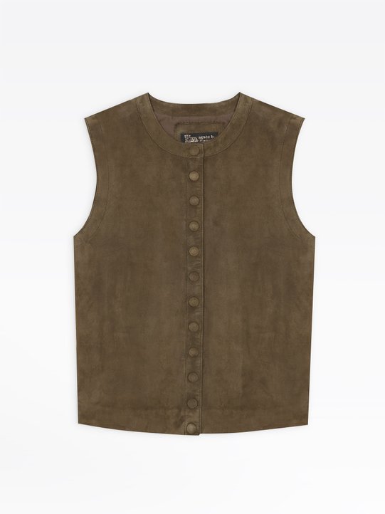 green suede leather sleeveless snap cardigan_1