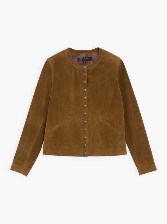 brown suede leather snap cardigan_1