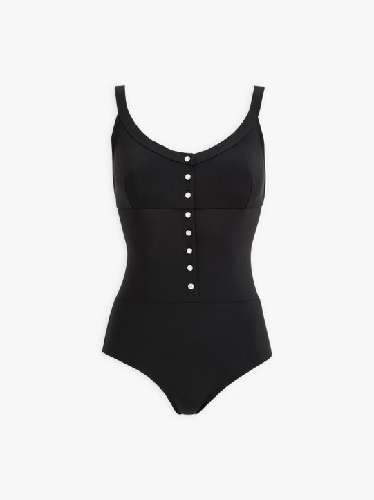 black one piece snap swimsuit with crossed straps_1