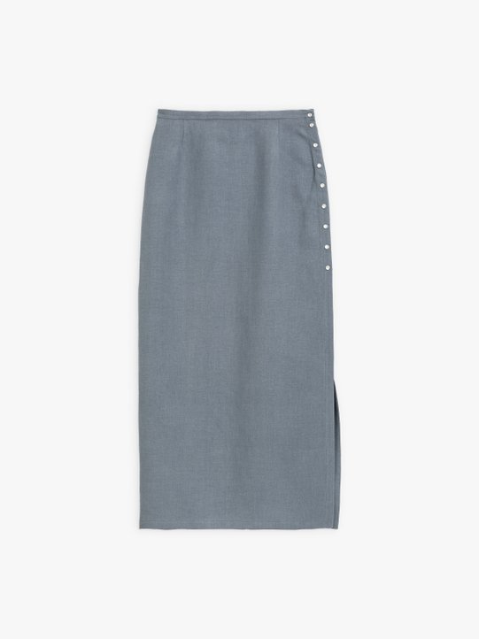 grey blue linen Hibiscus snap skirt_1