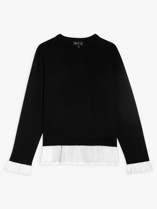 black wool, silk and cashmere jumper with cotton voile ruffle_1