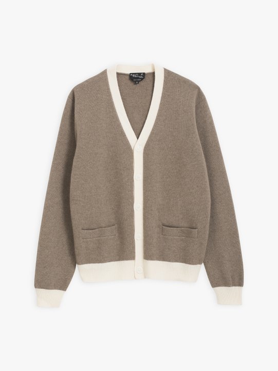 brown and off white cashmere Golfeur cardigan_1