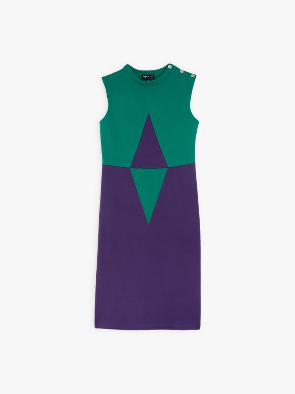 Losange sleeveless dress in green and purple cotton fleece_1