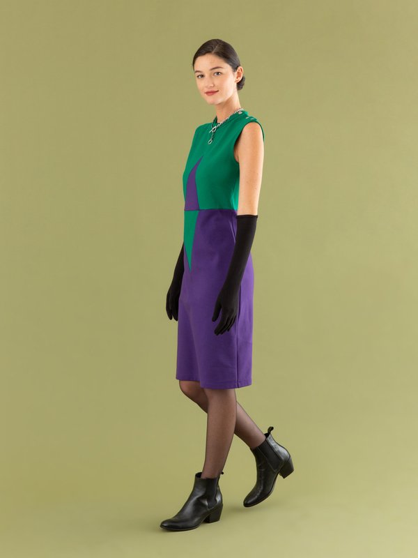 Losange sleeveless dress in green and purple cotton fleece_13