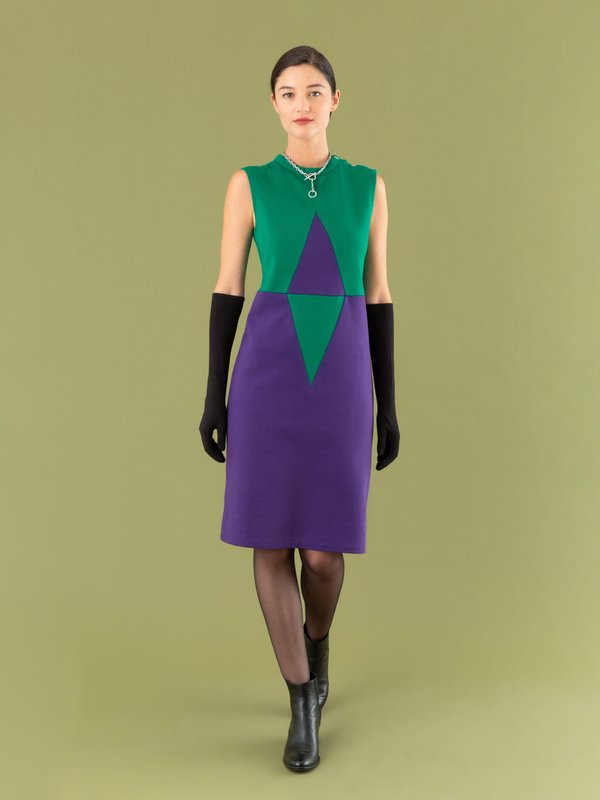 Losange sleeveless dress in green and purple cotton fleece_11
