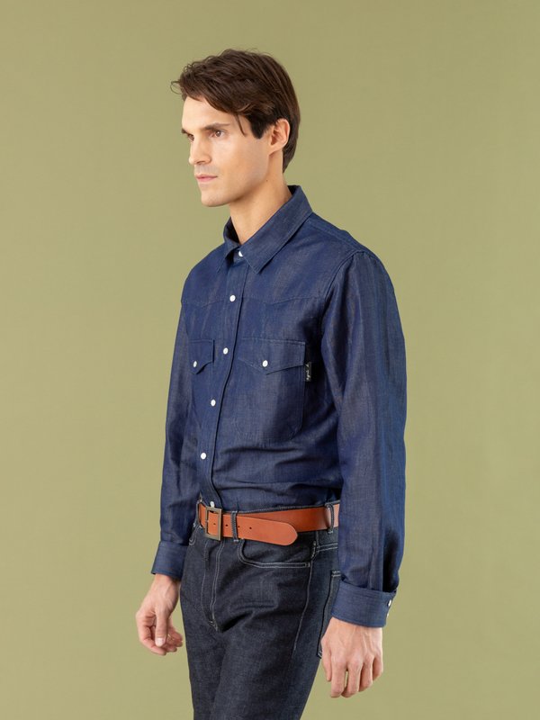 blue cotton and linen denim Western shirt_13