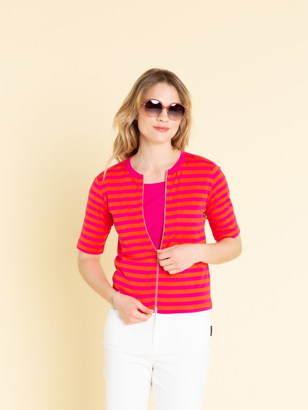 fuchsia and blood orange striped zip brando t-shirt_13