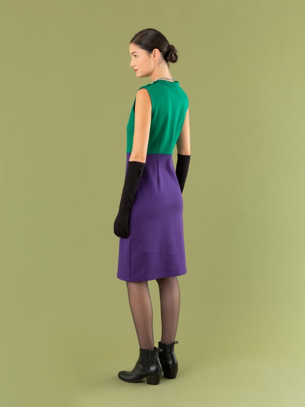 Losange sleeveless dress in green and purple cotton fleece_14