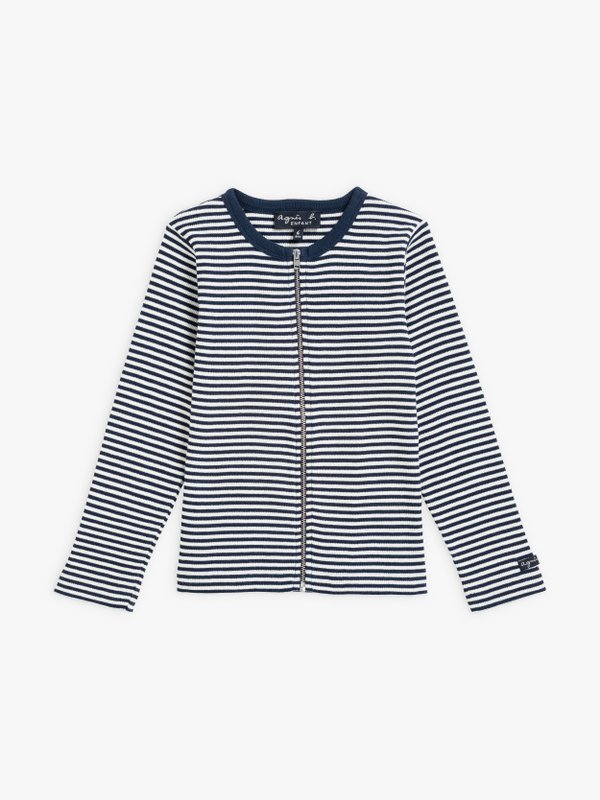 navy blue and white zipped be bop cardigan with stripes_1