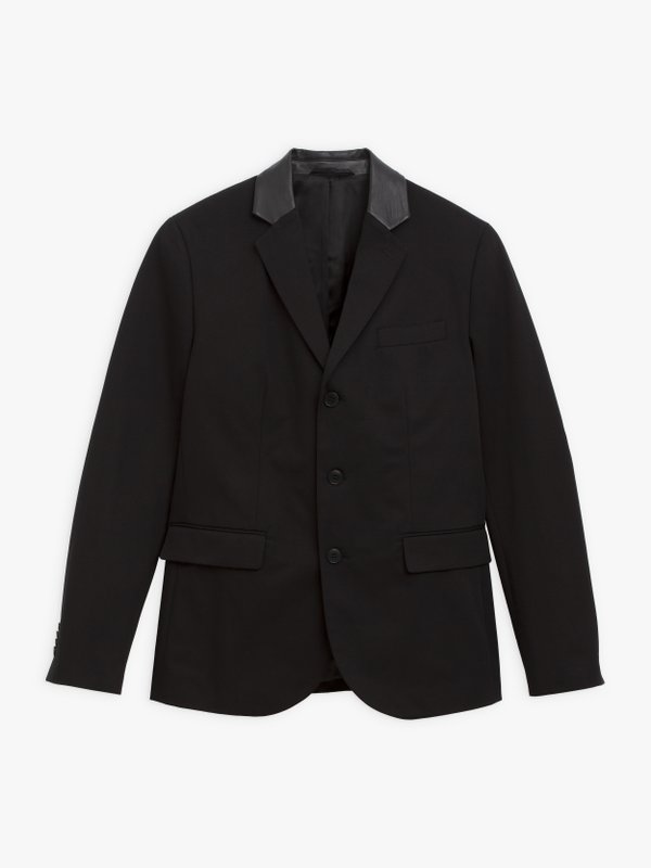 black cotton gabardine Domino jacket with leather collar_1
