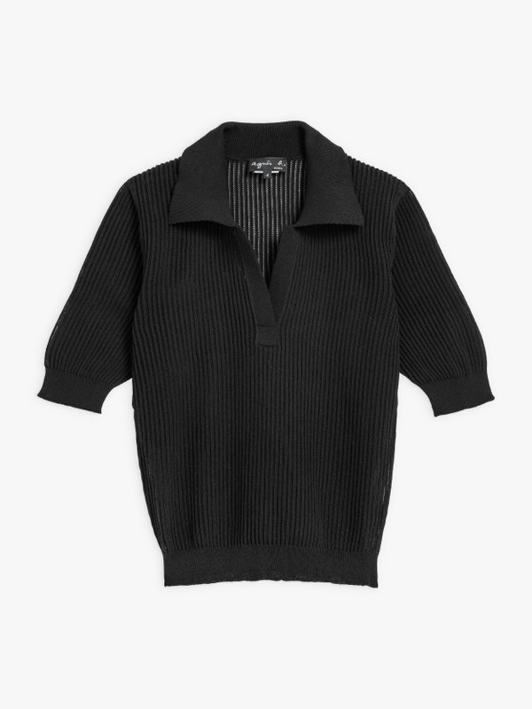 black ribbed knit prissy polo shirt_1