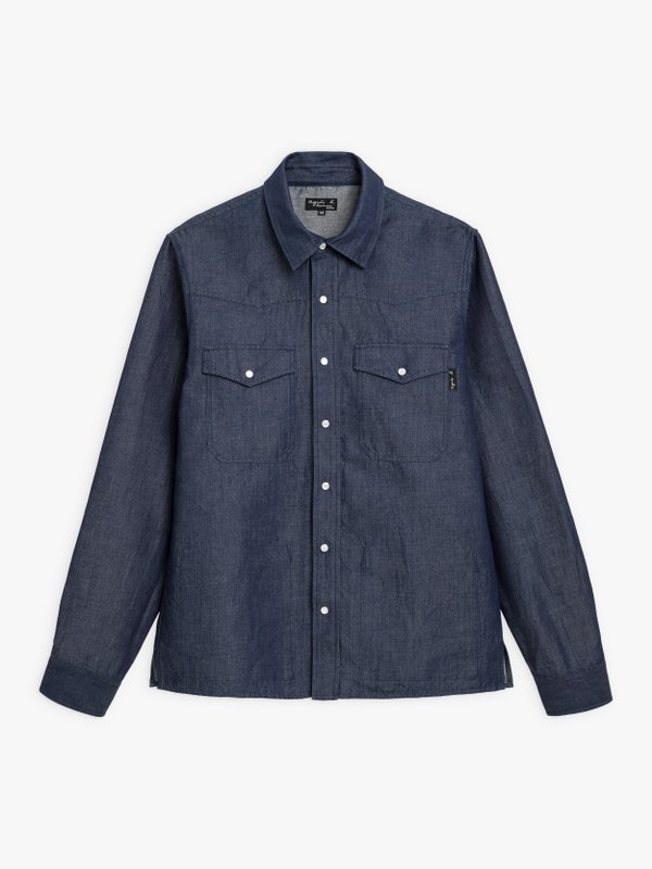 blue cotton and linen denim Western shirt_1