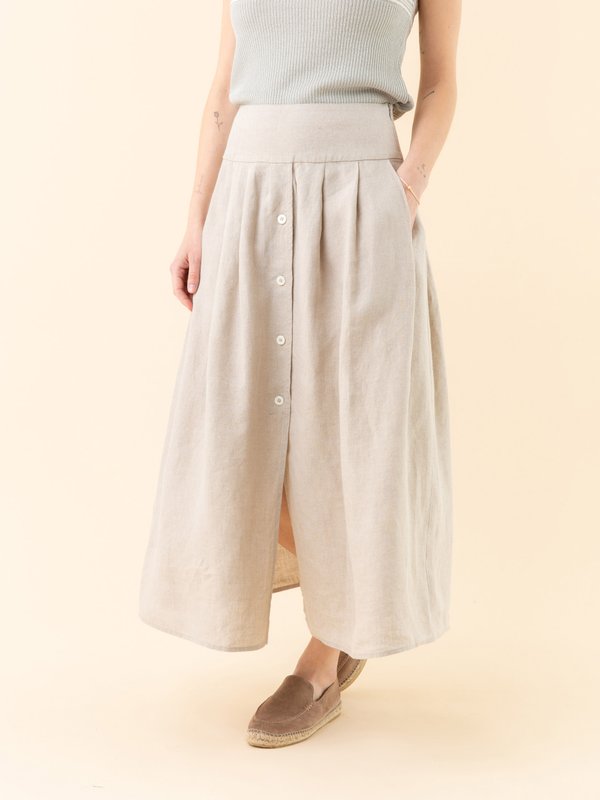 dark beige linen long skirt_12