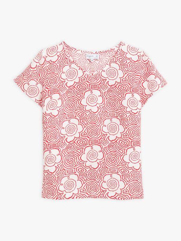 red and white patterned linen soline top_1