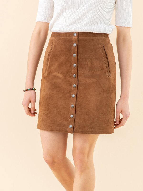 brown suede leather snap mini skirt_12