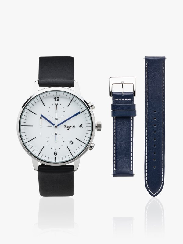men's watch with 2 black and blue leather straps_1