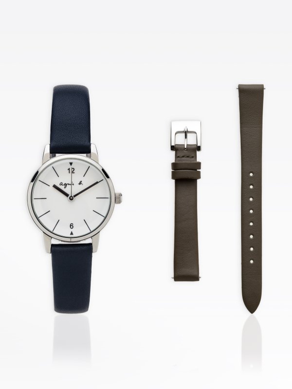 women's watch with 2 navy blue and dark taupe leather straps_1