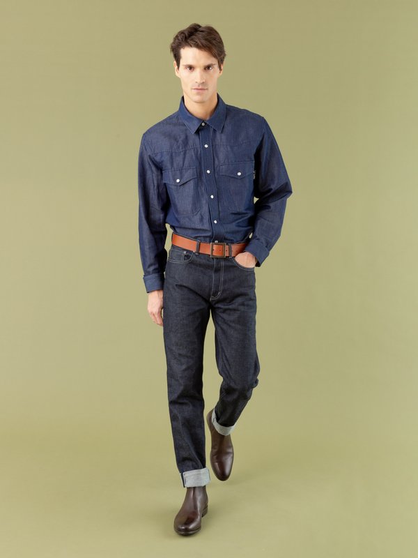 blue cotton and linen denim Western shirt_12