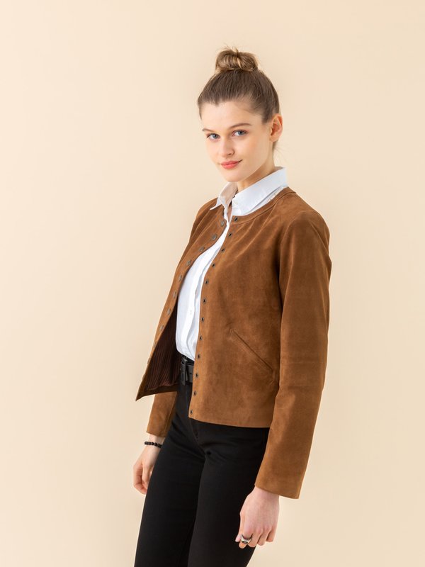 brown suede leather snap cardigan_13