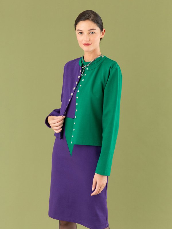 Losange sleeveless dress in green and purple cotton fleece_12