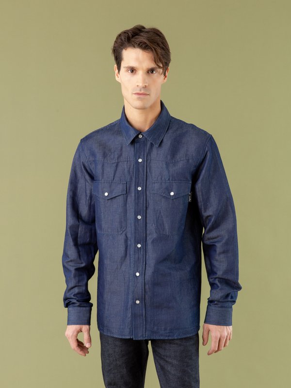 blue cotton and linen denim Western shirt_15