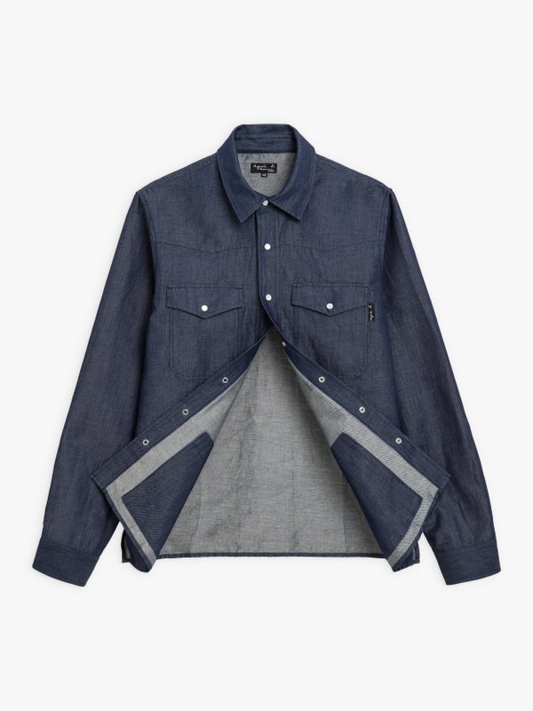 blue cotton and linen denim Western shirt_2