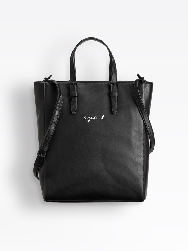 black smooth leather shopping bag_1
