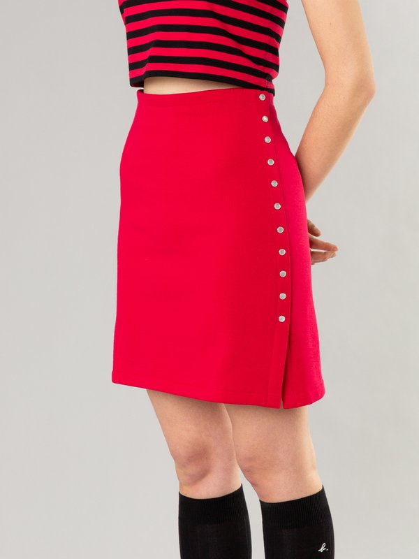 carmine red cotton fleece snap skirt_15